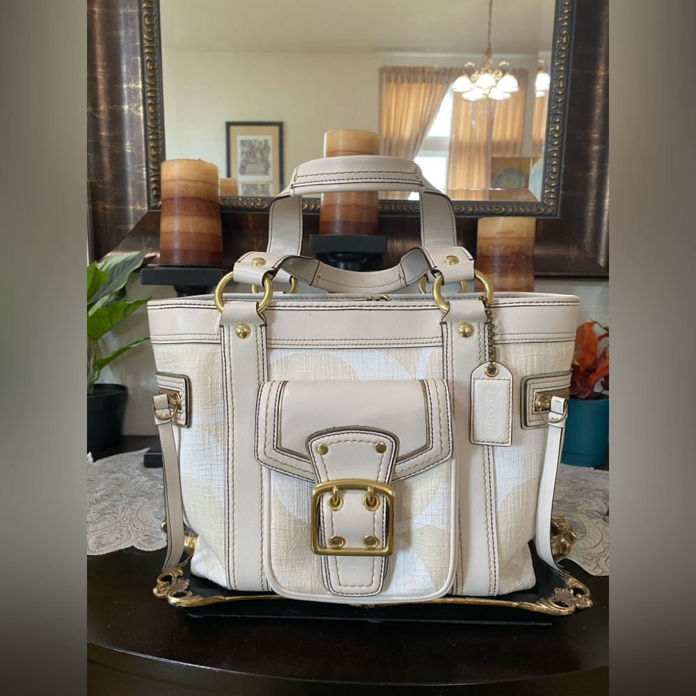 Coach Legacy Signature Classic C Logo, Leather/Linen Tote, Ivory, Gold Hardware